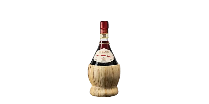 Chianti I Mori Fiasco wine bottle in straw basket