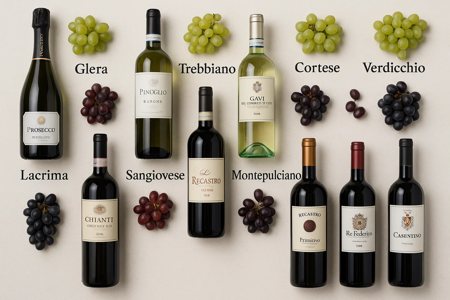 Twelve Italian wine bottles with grape clusters arranged by variety, including Prosecco, Pinot Grigio, Gavi, Trebbiano, Sangiovese, Montepulciano, Nero d’Avola and Primitivo.