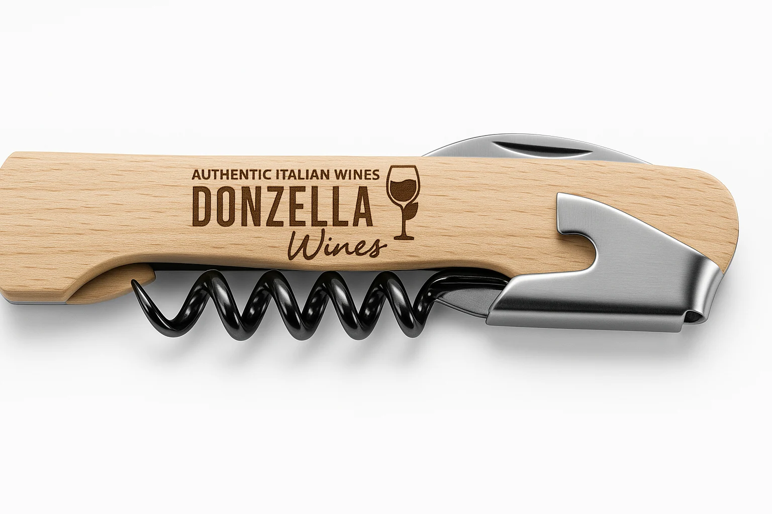 Studio image of Donzella Wines Signature Wooden Corkscrew u2013 Artisan Engraved Wine Opener bottle shot u2013 Italian wine u2013 buy Donzella Wines Signature Woodu2026