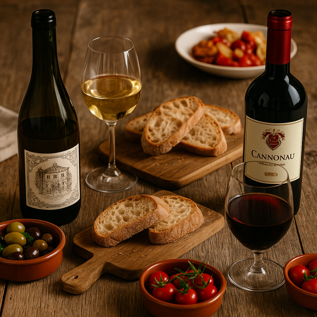 Rustic Italian table setting with two affordable Italian wines under £15, served with bread, olives and antipasti, used for a UK wine buying guide.
