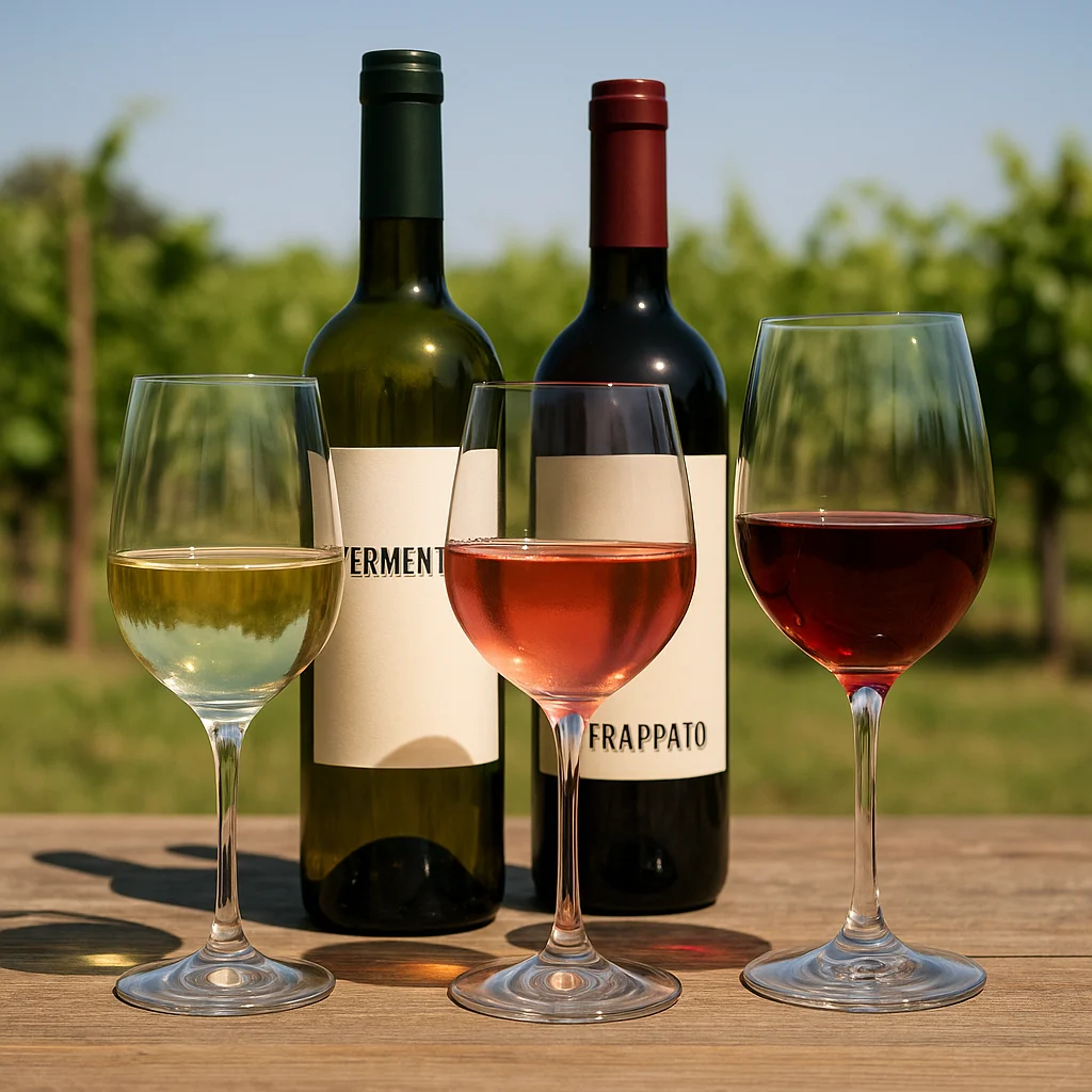 Glasses of Italian chillable reds, rosato and light white wine on a wooden table in a summer vineyard, illustrating a UK guide to refreshing Italian wines.