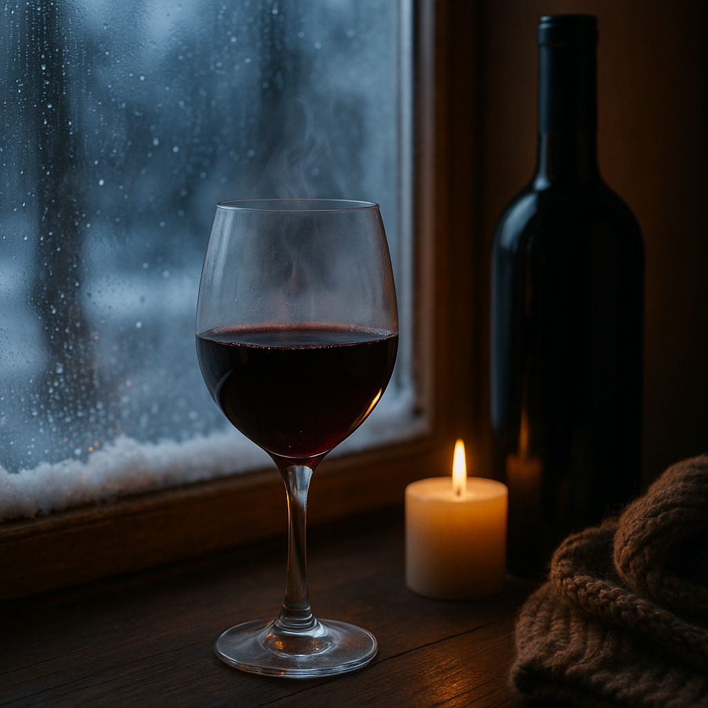 Glass of Italian red wine by a frosty window with candlelight, winter scene