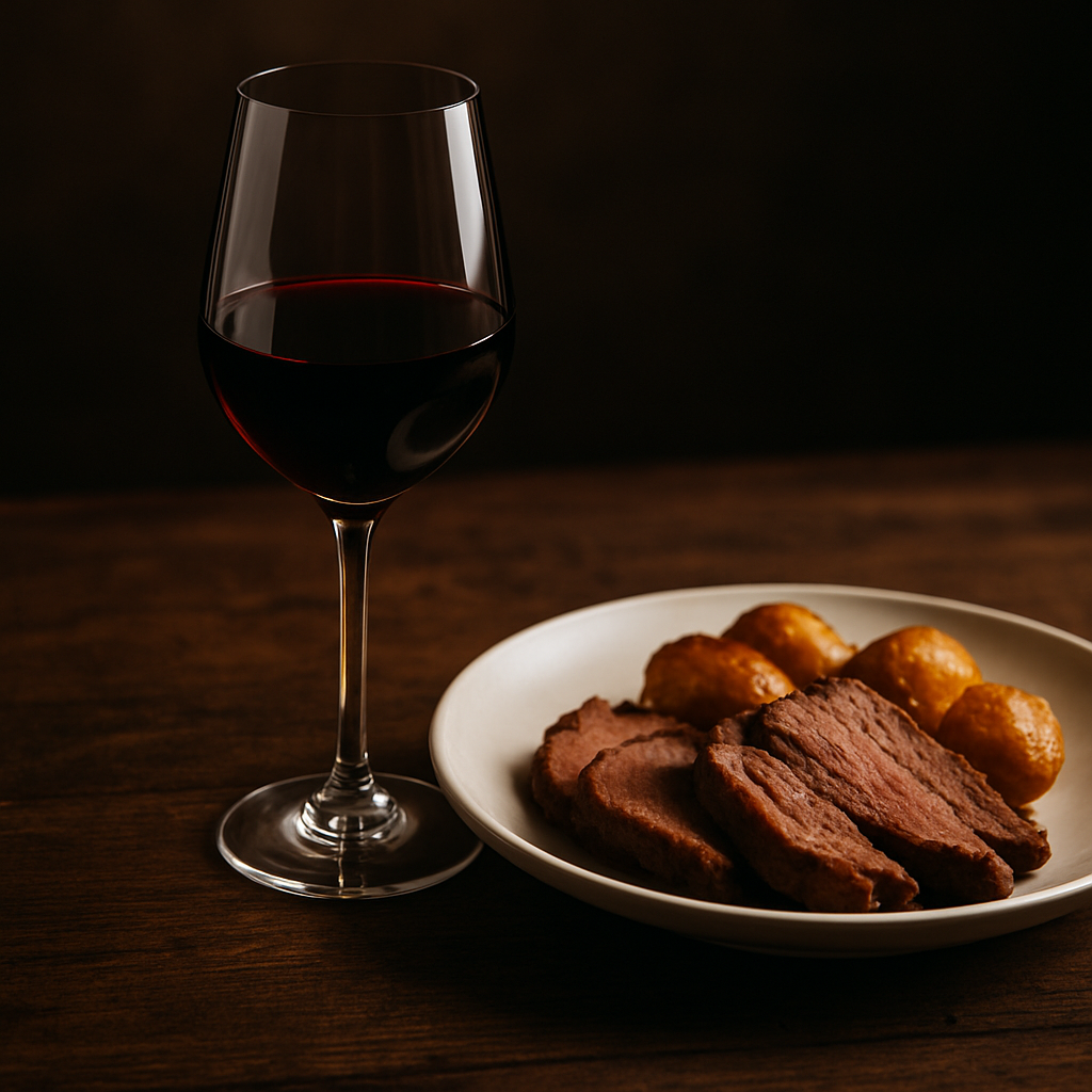 Glass of Italian red wine served with roast beef and potatoes on a rustic table