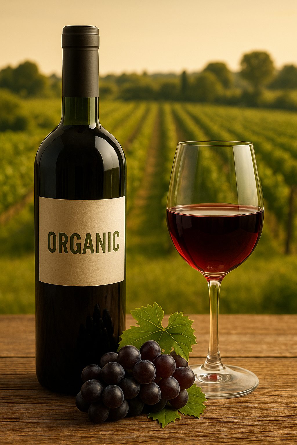 Organic Italian red wine bottle and glass in a vineyard, sustainable wine scene