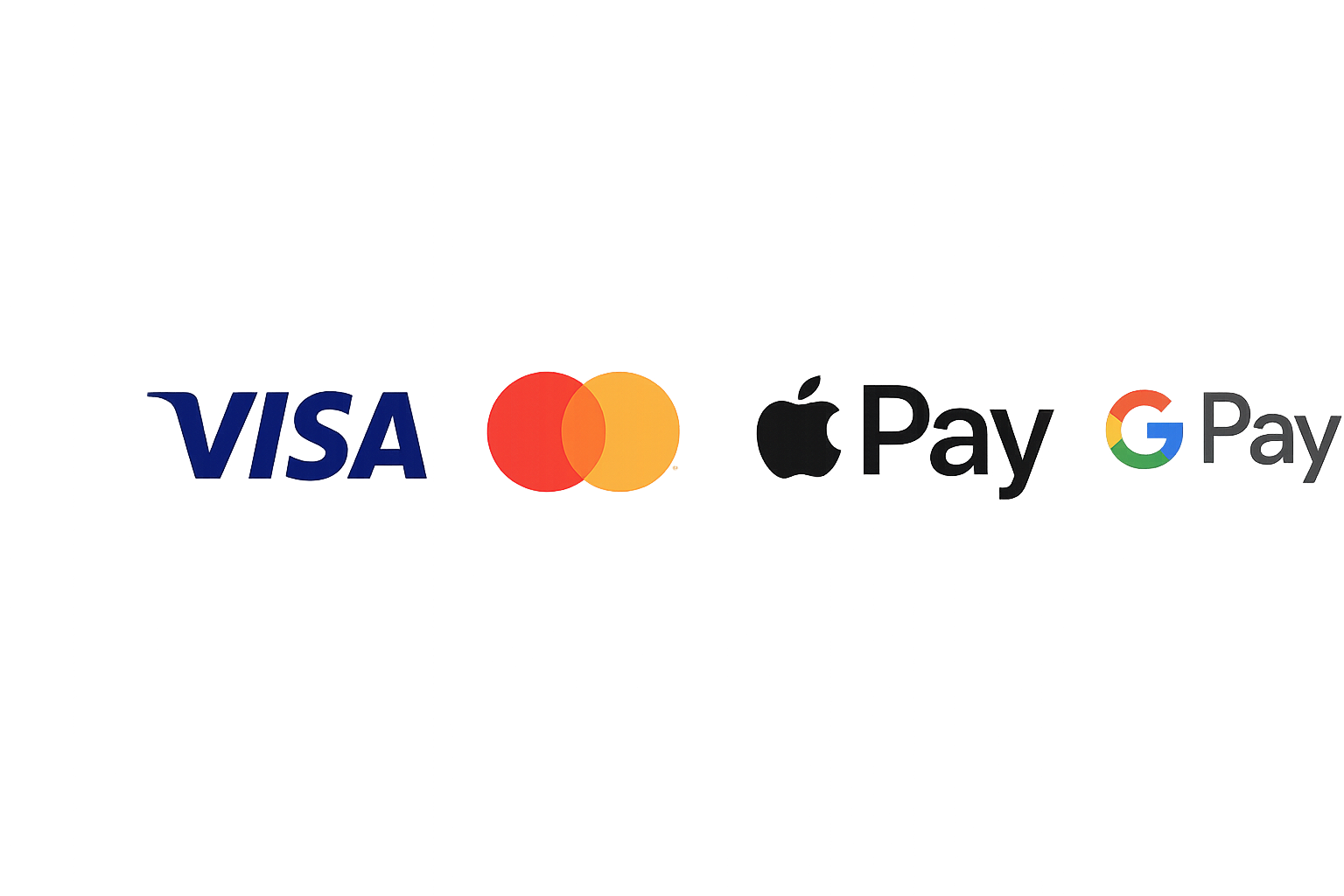 Accepted payment methods: Visa, Mastercard, Apple Pay and Google Pay icons in a horizontal strip