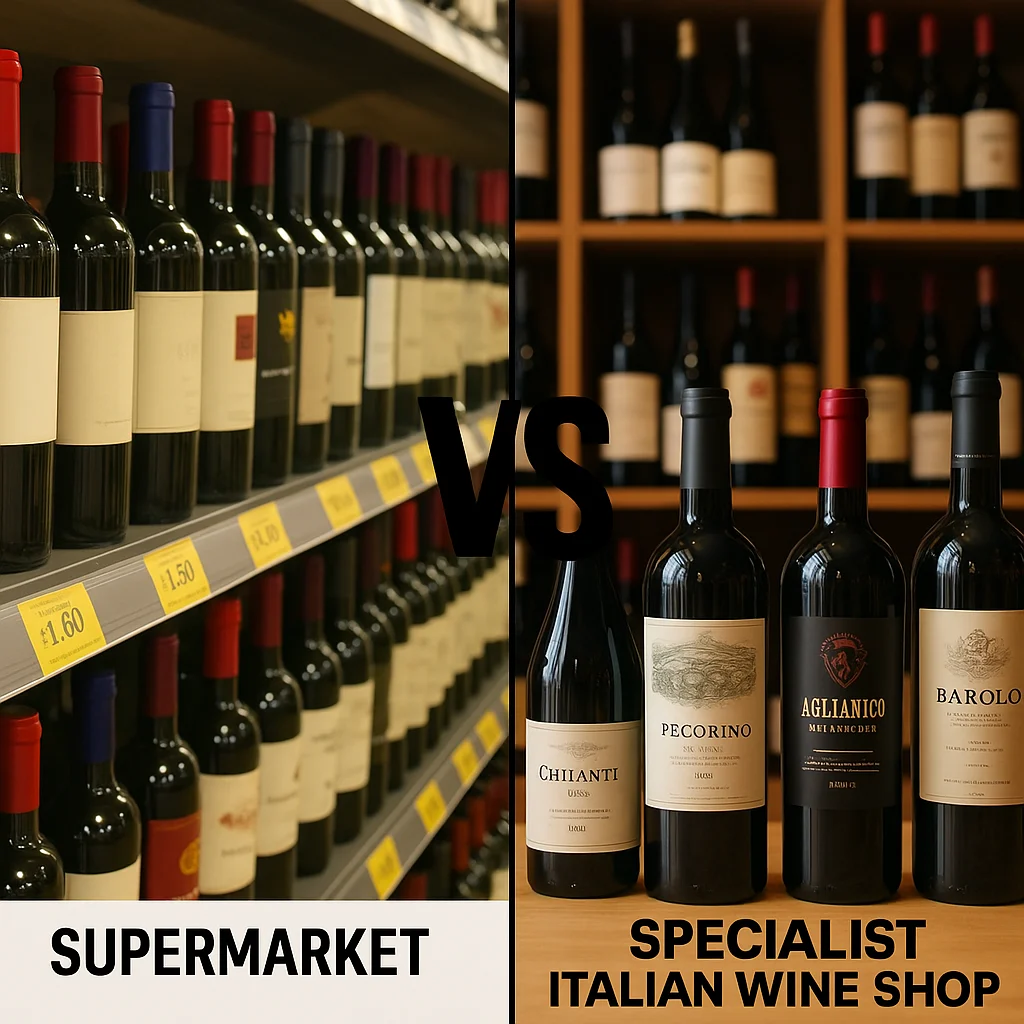 Comparison of supermarket wine and a specialist Italian wine shop in the UK highlighting quality and sourcing differences.