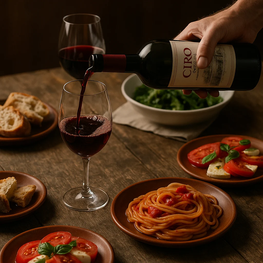 Italian wine being poured at the table alongside pasta, bread and salad, showing how Italian wine is enjoyed with everyday meals