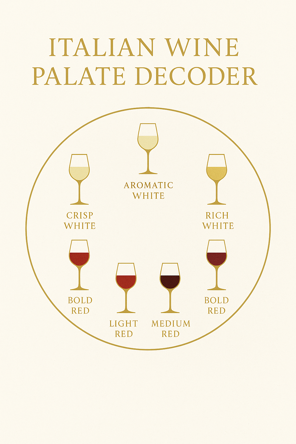 Circular infographic showing the Italian Wine Palate Decoder with six wine categories: crisp white, aromatic white, rich white, light red, medium red and bold red
