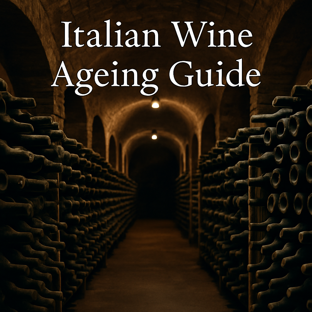 Italian wine cellar with rows of dusty ageing bottles under stone arches