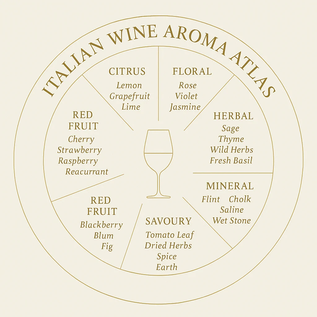 Premium Italian wine aroma wheel infographic showing citrus, floral, herbal, mineral, savoury, red fruit and dark fruit aromas in a gold circular design