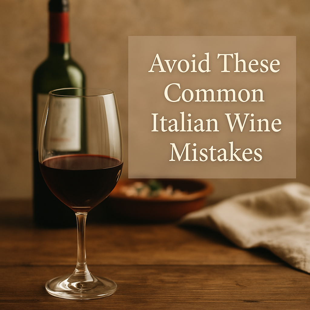 Glass of red wine on a rustic Italian table with text reading “Avoid These Common Italian Wine Mistakes”