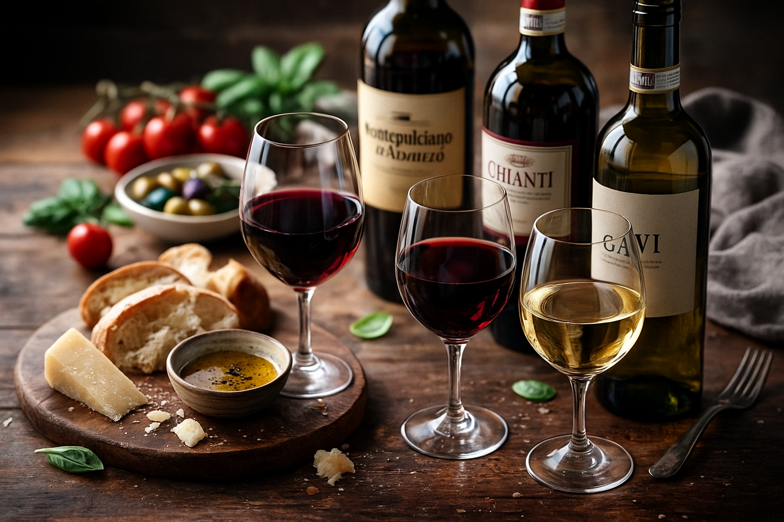Rustic Italian table with red and white wines, bread, olives and cheese for a beginner Italian wine guide