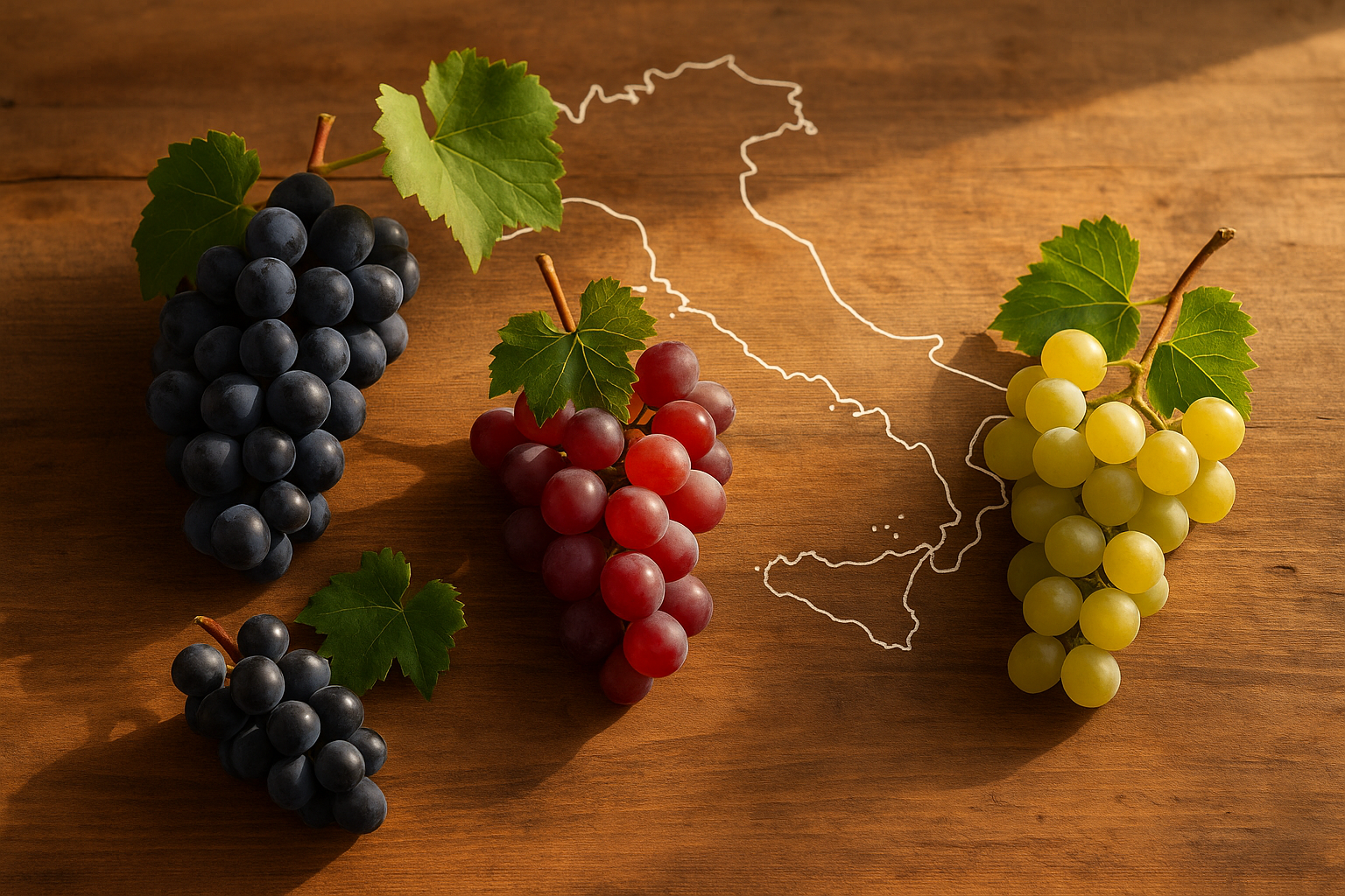 Bunches of indigenous Italian grapes on a wooden table with an outline map of Italy