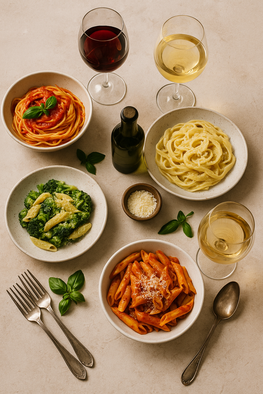 Overhead flat lay of Italian pasta dishes with red and white wine glasses on a rustic table for wine and pasta pairing