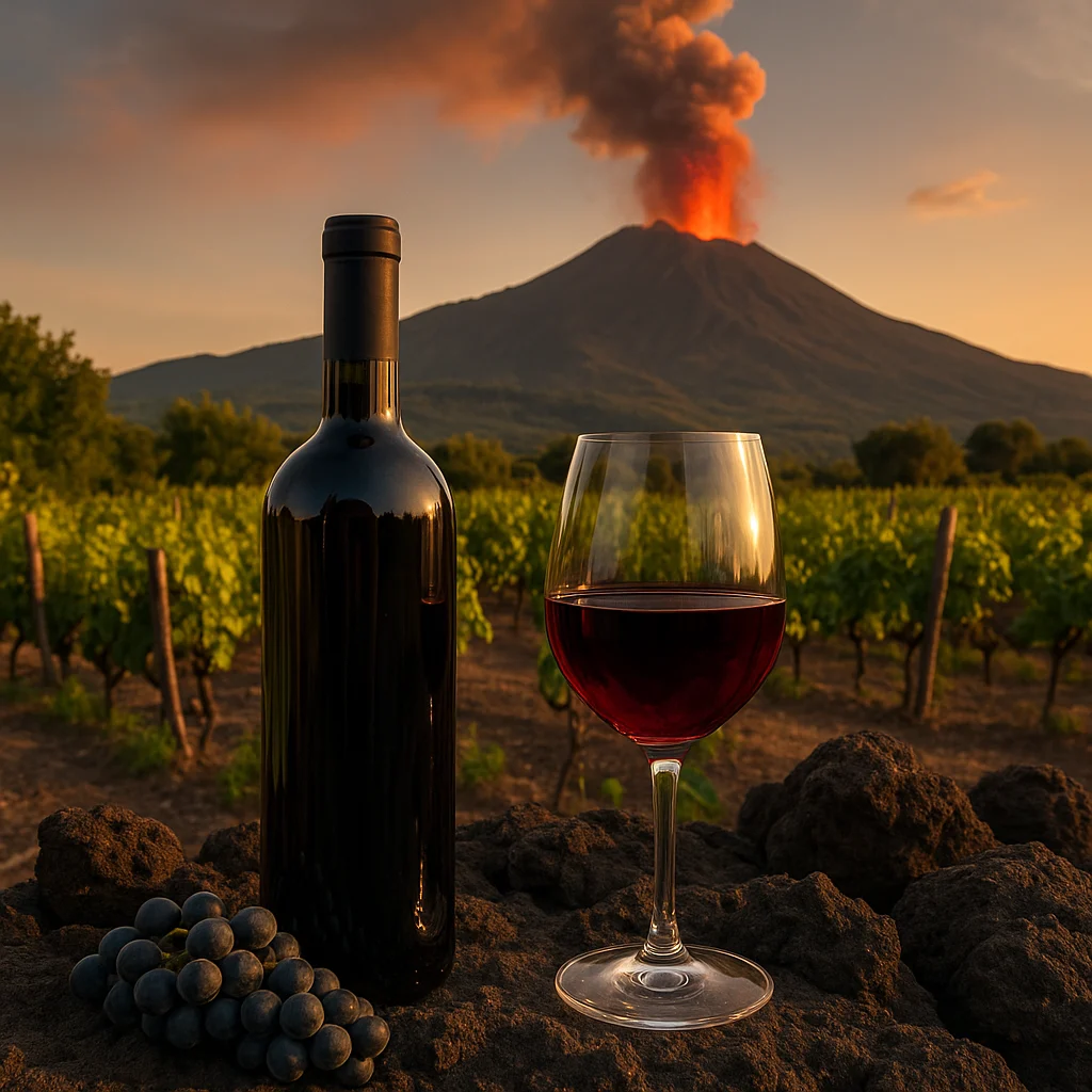 Bottle of Italian volcanic wine and glass on lava rocks with Mt Etna erupting in the background