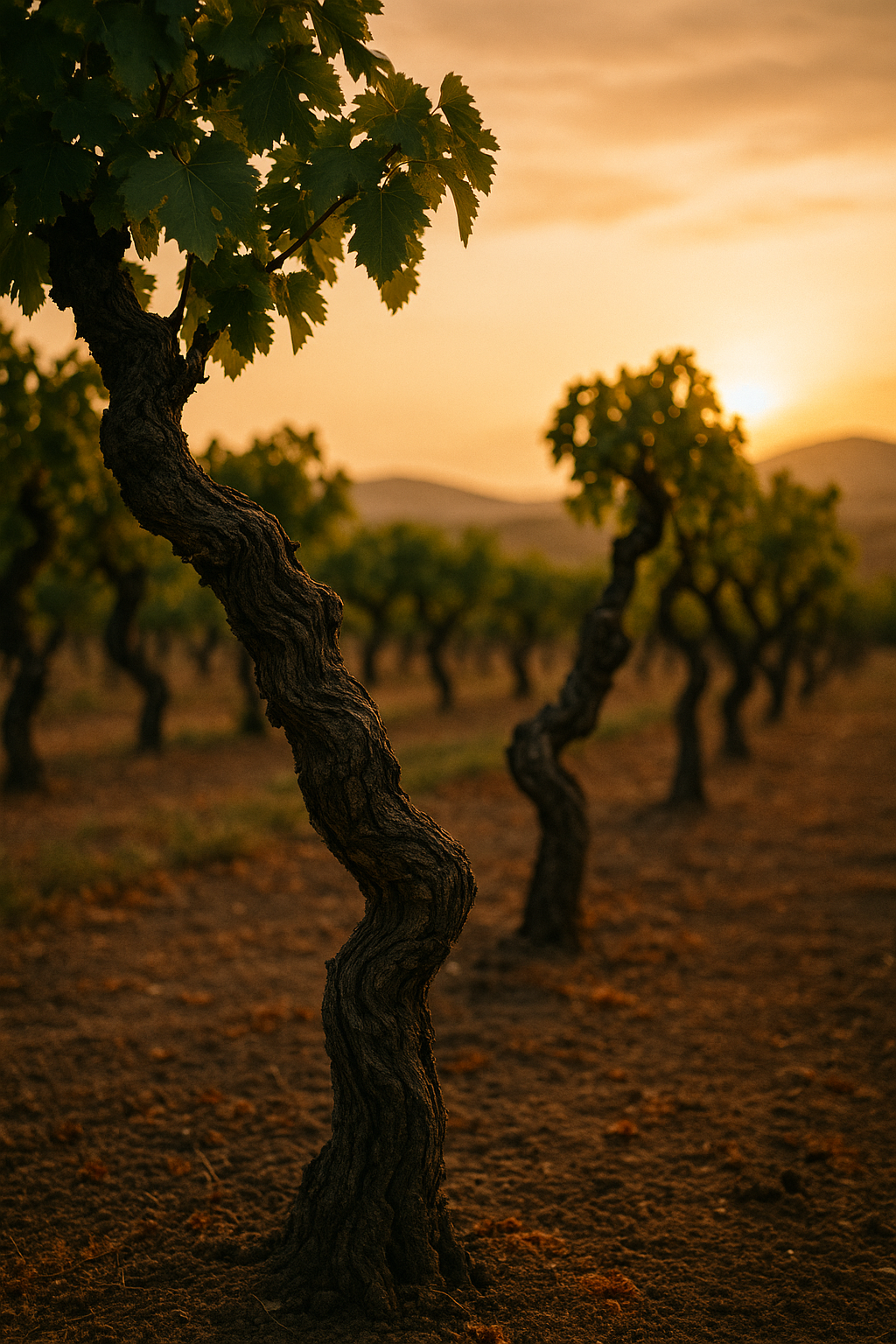 Old vine Italian vineyard at sunset with ancient gnarled vines in a golden landscape