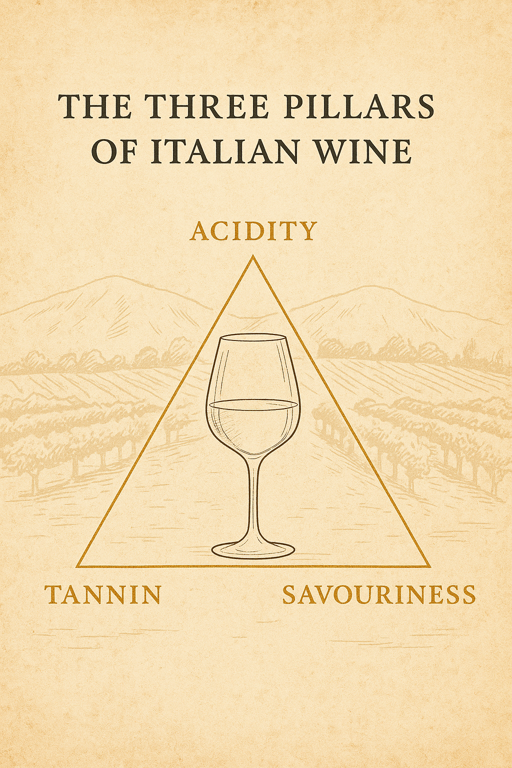 Hand-drawn Italian wine infographic showing the three pillars of Italian wine—acidity, tannin and savouriness—on parchment with vineyard sketch