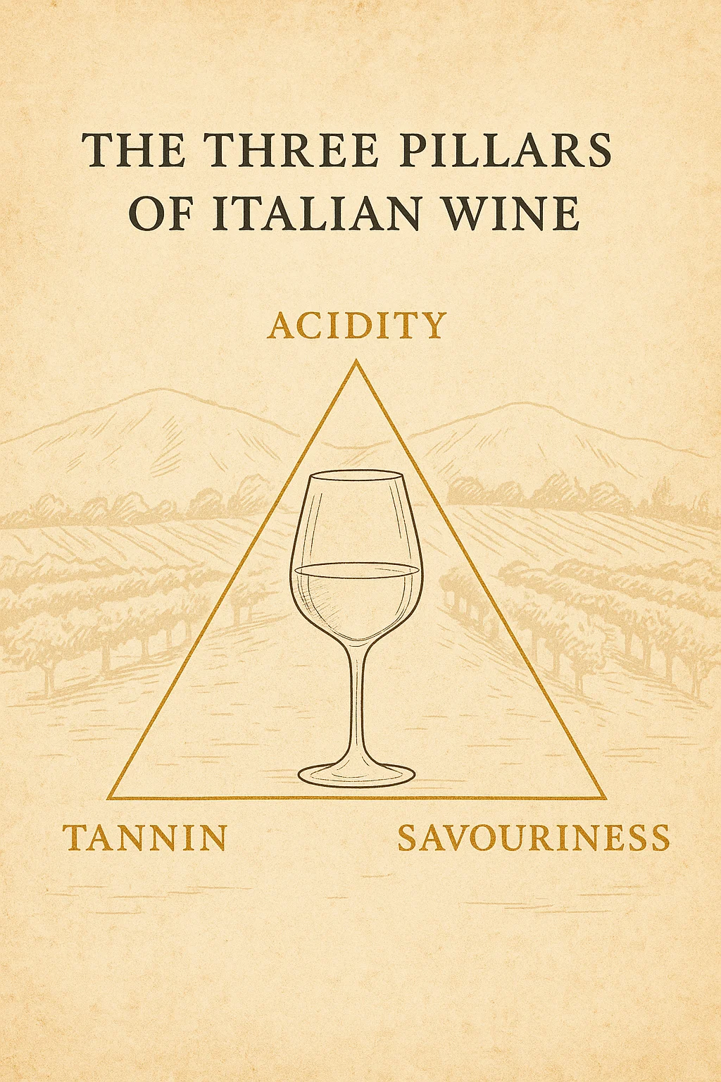 Hand-drawn Italian wine infographic showing the three pillars of Italian wine—acidity, tannin and savouriness—on parchment with vineyard sketch