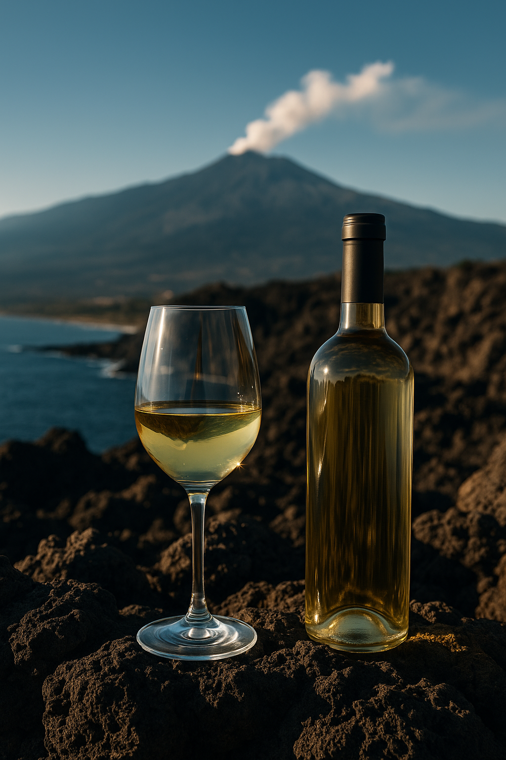 Glass of Italian white wine and bottle on volcanic rocks overlooking the sea with Mount Etna in the background