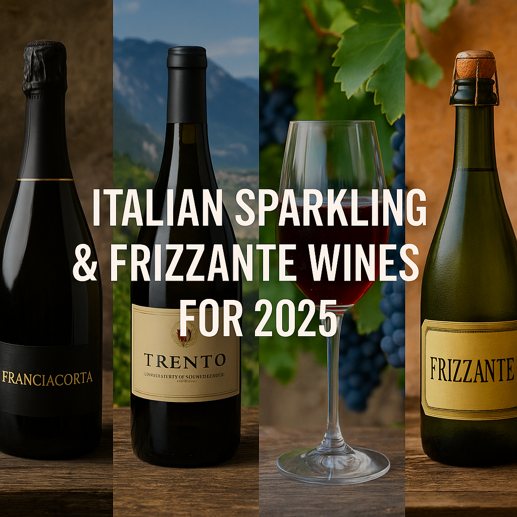 Rustic Italian sparkling and frizzante wines including Franciacorta, Trento, Lambrusco and Frizzante displayed side-by-side