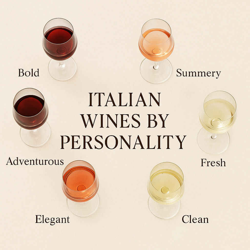 Graphic showing Italian wines arranged in a personality wheel with glasses representing bold, summery, adventurous, elegant, fresh and clean styles