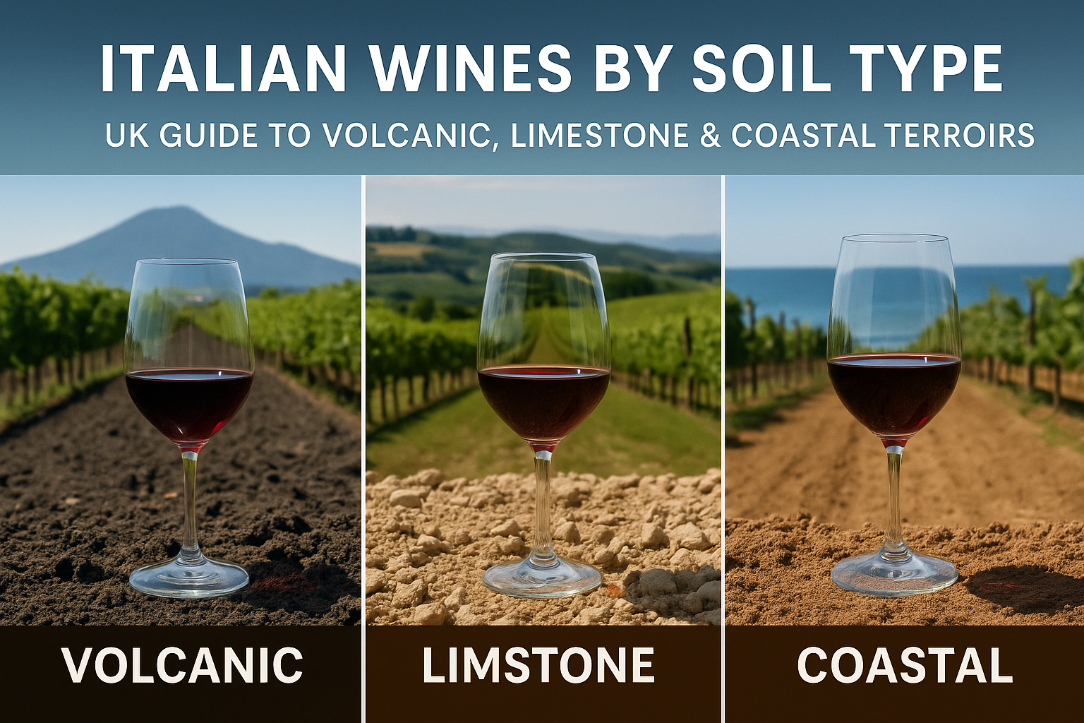 Italian wines by soil type shown with volcanic, limestone and coastal vineyard scenes behind wine glasses