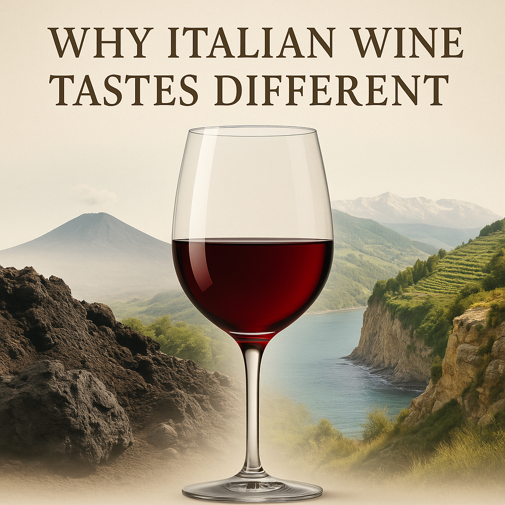 Glass of Italian red wine with volcanic, coastal and alpine landscapes showing why Italian wine tastes different