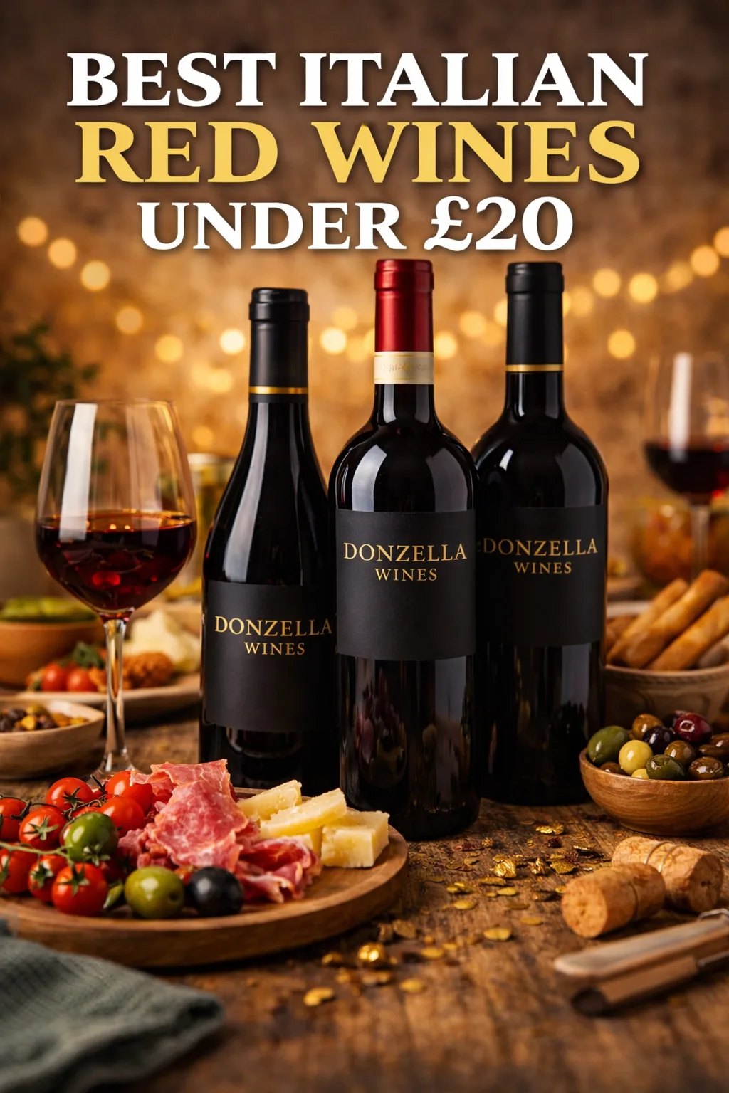 Donzella Wines Italian red wine bottles under £20 on rustic table with antipasti