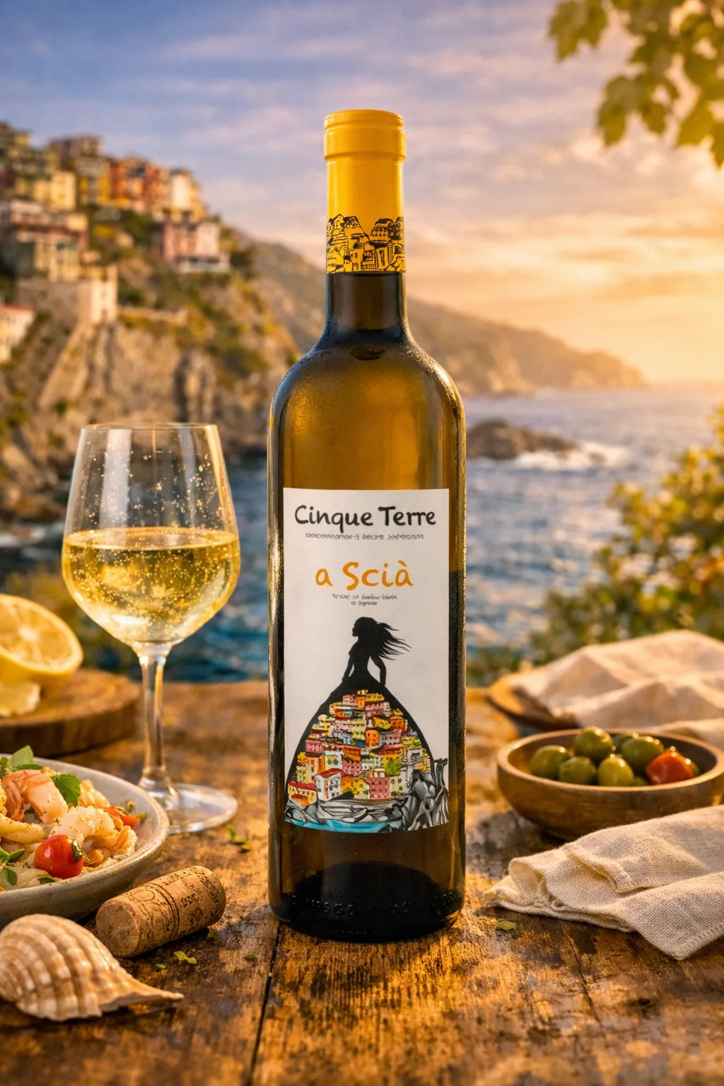 A Scìa Cinque Terre DOC white wine bottle with seafood and coastal sunset