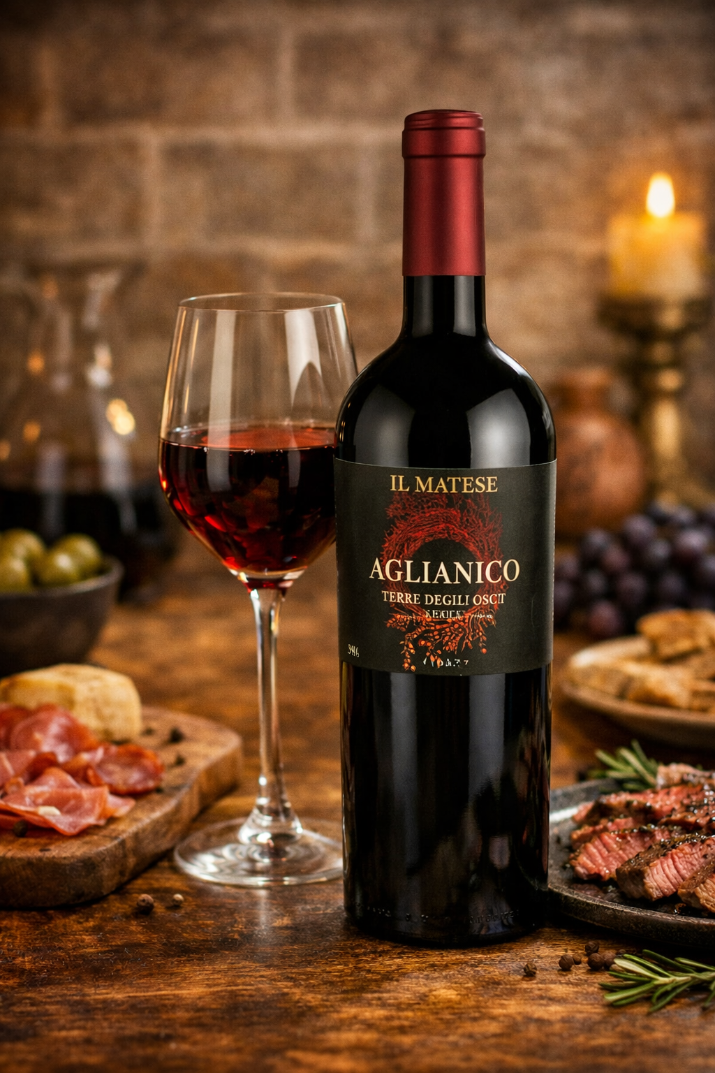 Aglianico Terre degli Osci IGT red wine bottle with filled glass and steak food pairing