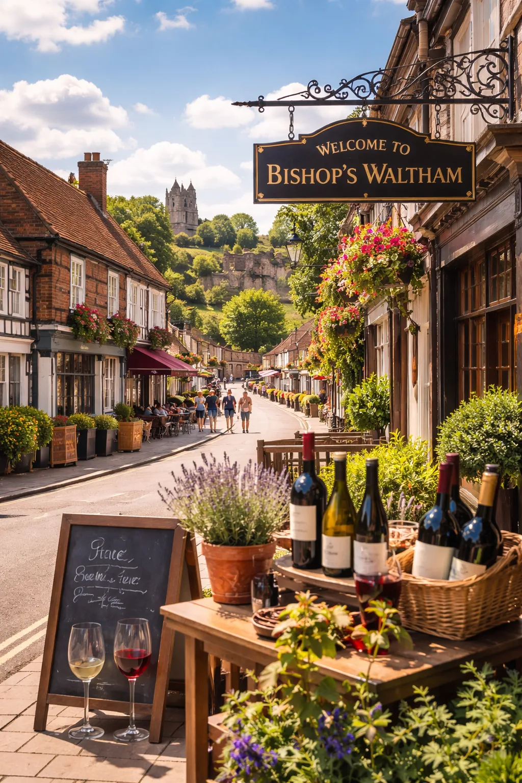 Wine shop Bishop’s Waltham with Italian wines displayed on a market town street in Hampshire