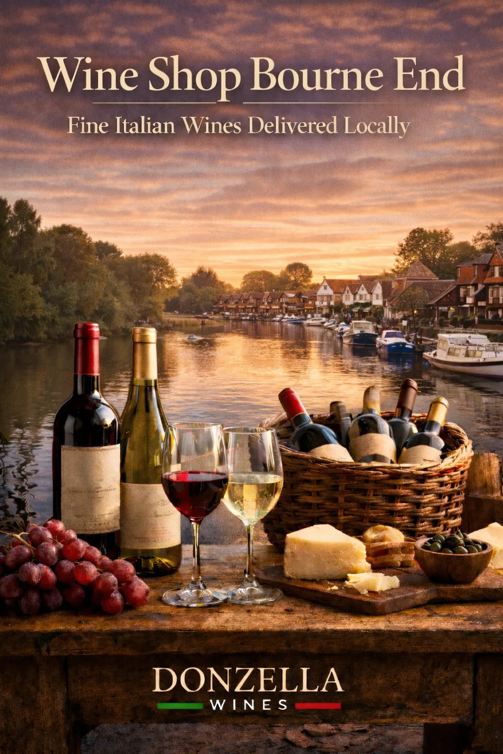 Wine bottles and glasses on a rustic table overlooking the River Thames in Bourne End, promoting Donzella Wines local delivery.
