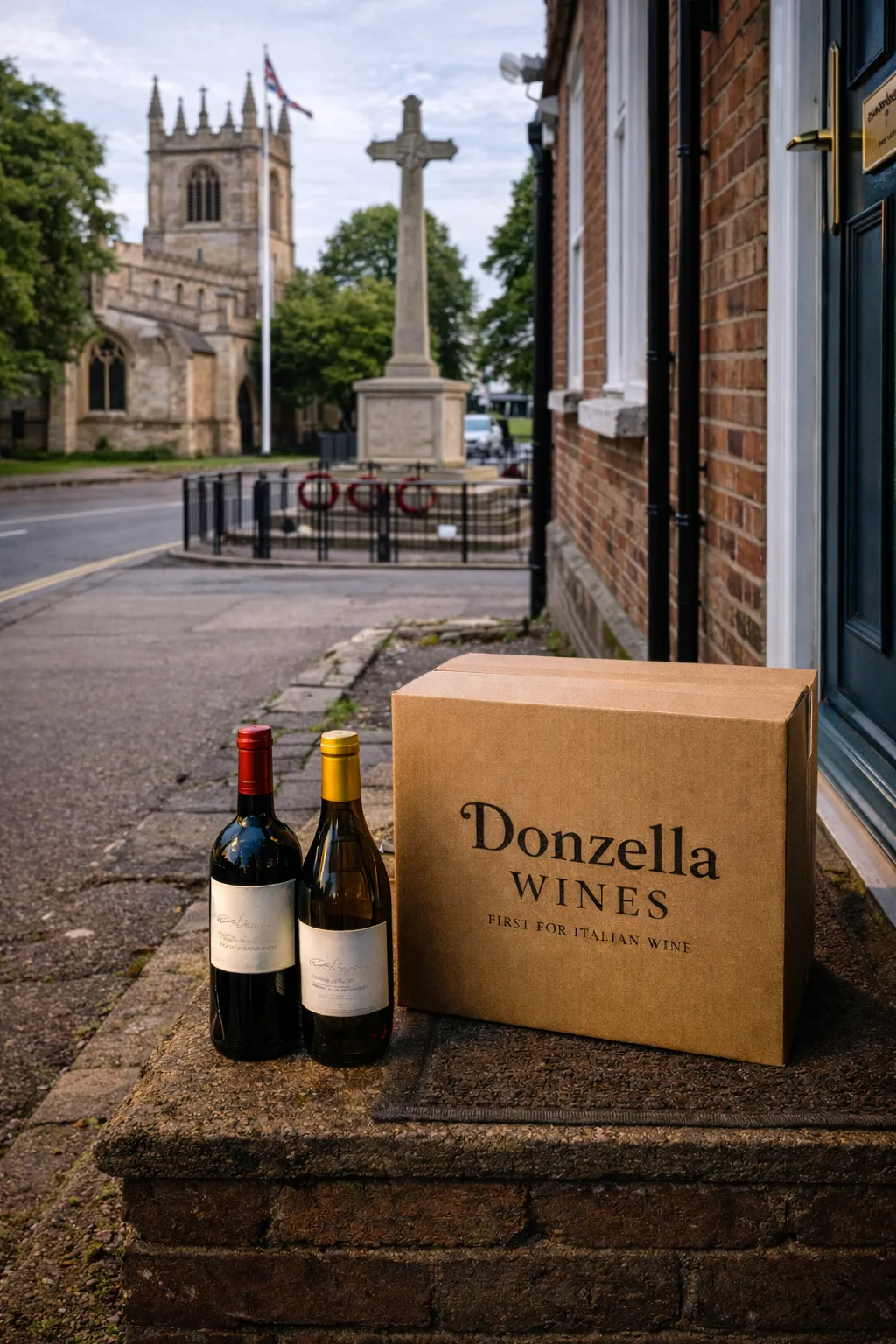 Wine Shop Bourne – Fine Wines Delivered Locally Wine delivery in Bourne with Donzella Wines box outside near Bourne Abbey, Lincolnshire