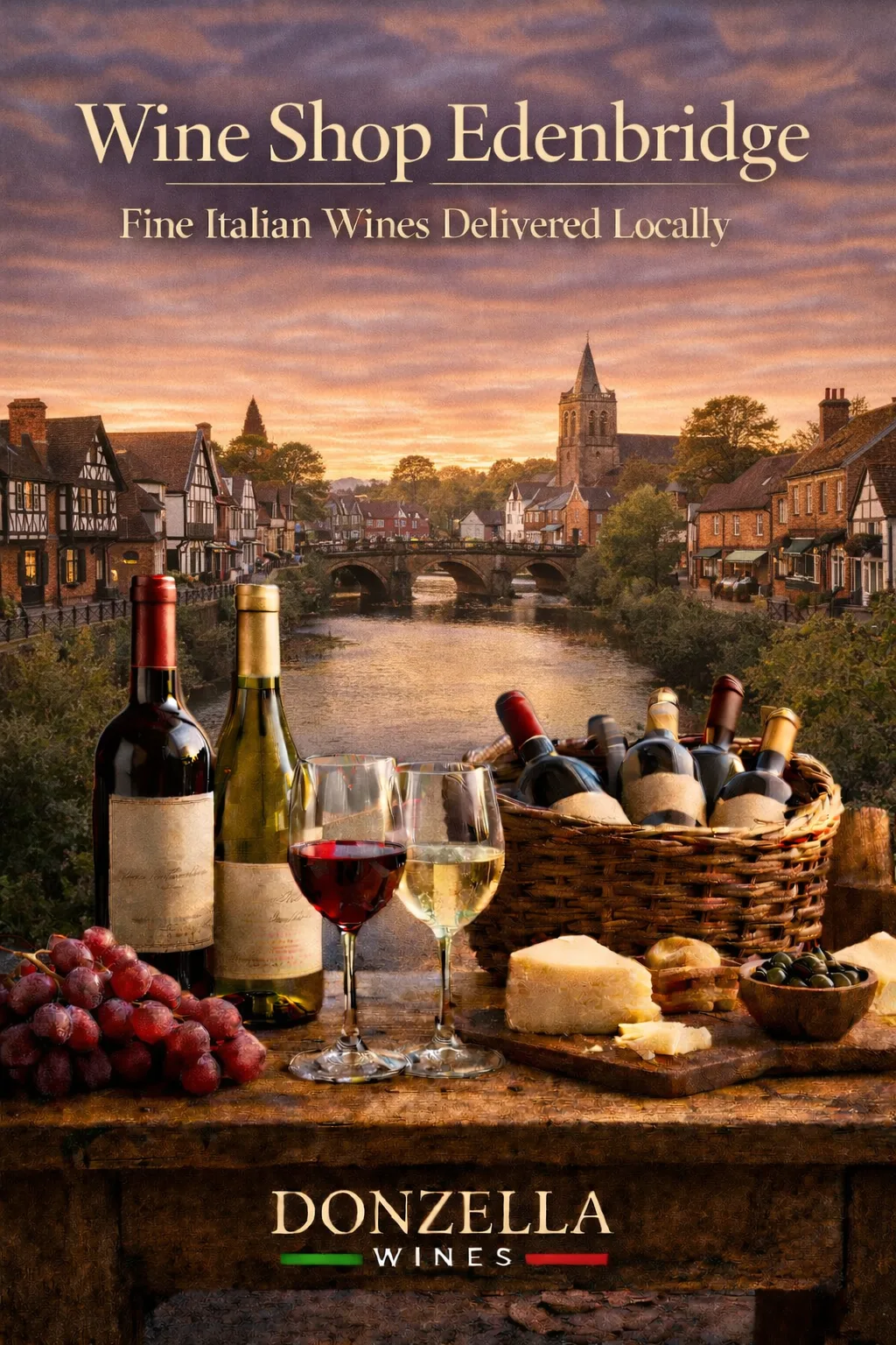 Wine bottles and glasses on a rustic table overlooking Edenbridge town with stone bridge and river in the background, promoting Donzella Wines delivery.
