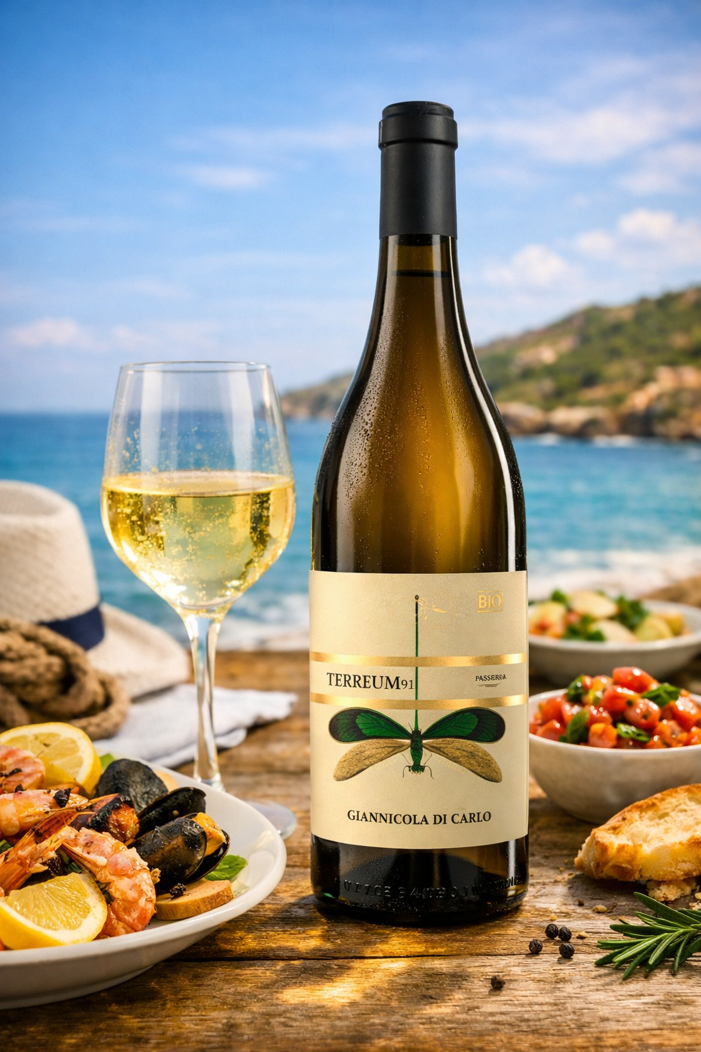 Passerina Terreum 91 organic white wine bottle with seafood by the sea