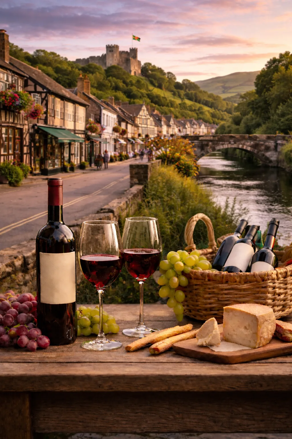Fine Italian wine delivered in Hay-on-Wye, with views of the historic town and surrounding Welsh countryside