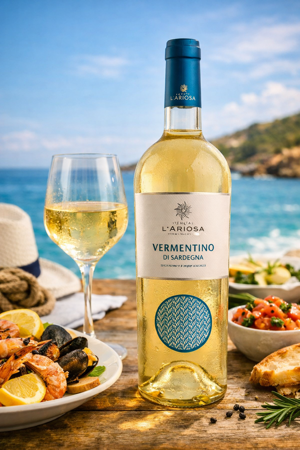 Vermentino di Sardegna DOC bottle with seafood and glass by the sea