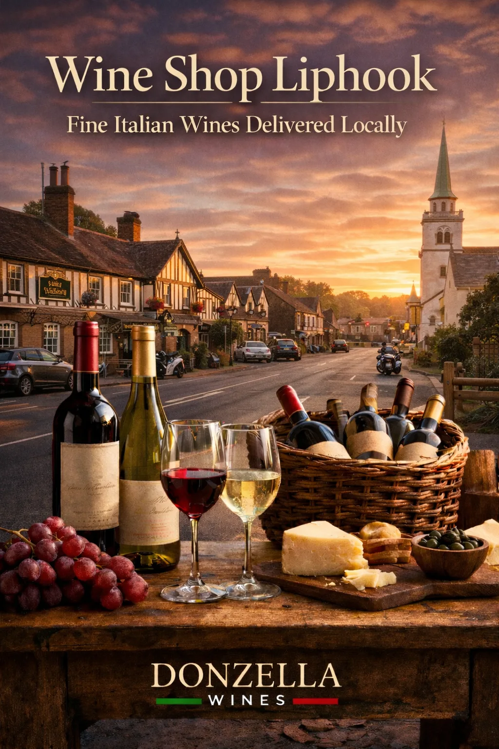 Wine bottles and glasses on a rustic table with Liphook High Street and village church in the background, promoting Donzella Wines delivery.