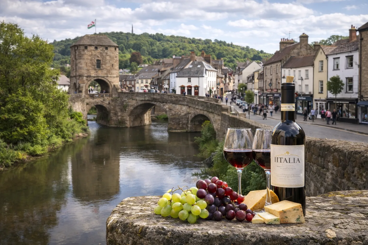Fine Italian wine delivered in Monmouth, with views of the historic town centre and the River Monnow