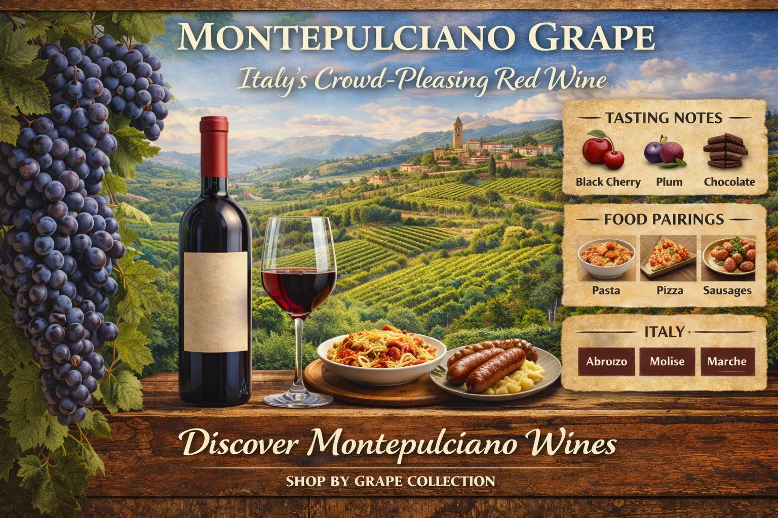 Montepulciano Grape – Italy’s Crowd-Pleasing Red Wine Montepulciano red wine from Abruzzo with pasta and sausage food pairings