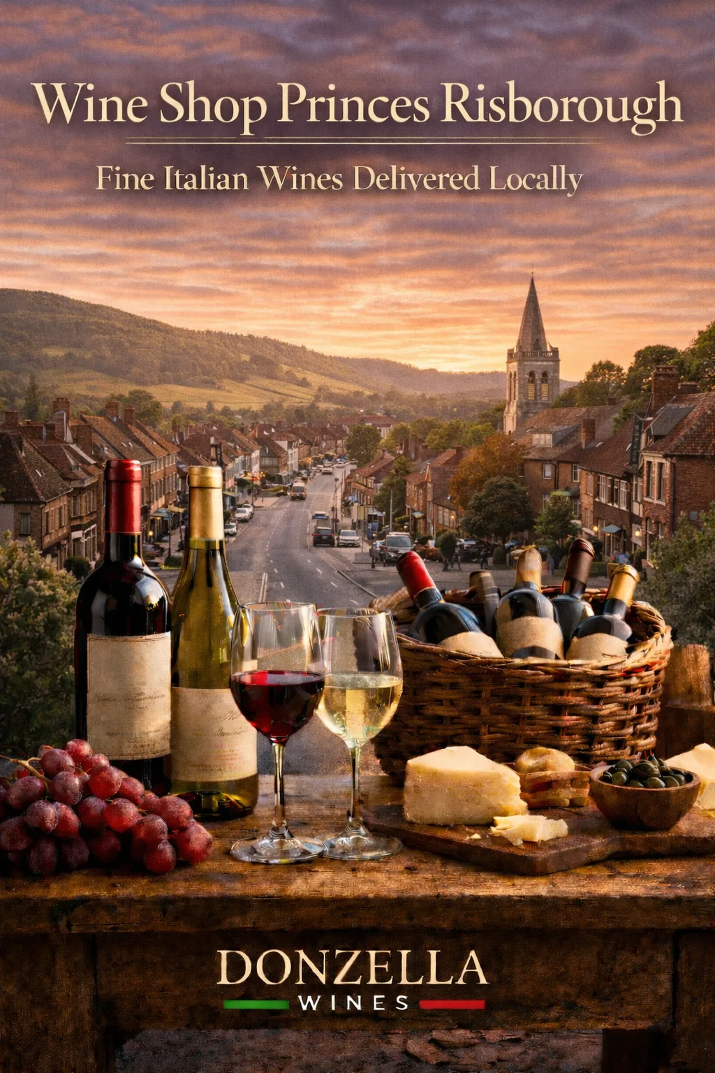 Wine Shop Princes Risborough – Fine Italian Wines Delivered Locally Wine bottles and glasses on a rustic table overlooking Princes Risborough High Street with the Chiltern Hills in the background, promoting Donzella Wines delivery.