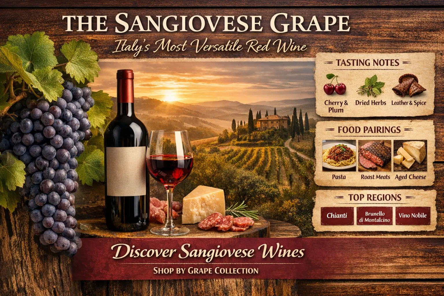 A glass of Sangiovese red wine with ripe grapes, Tuscan vineyard landscape and Italian food pairings including pasta, roast meat and aged cheese