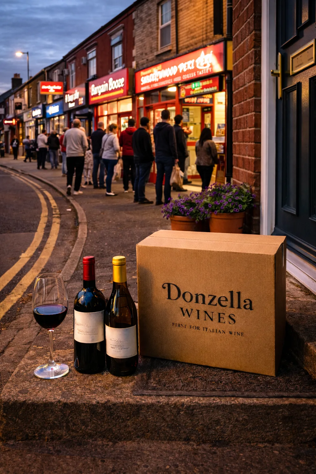 South Normanton high street in the evening with takeaways and local shops, showing wine delivery from Donzella Wines