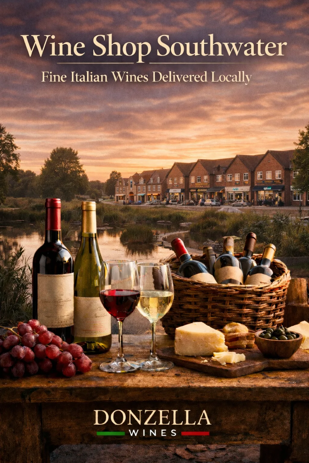 Wine bottles and glasses on a rustic table with Southwater Lintot Square and village pond in the background, promoting Donzella Wines delivery.
