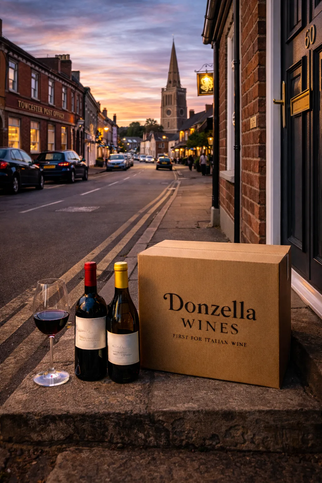 Wine delivery in Towcester with Donzella Wines box on the high street near St Lawrence’s Church
