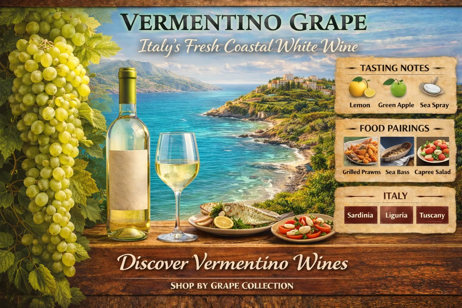 Vermentino Grape – Italy’s Fresh Coastal White Wine Vermentino white wine with coastal Italian vineyard and seafood pairings