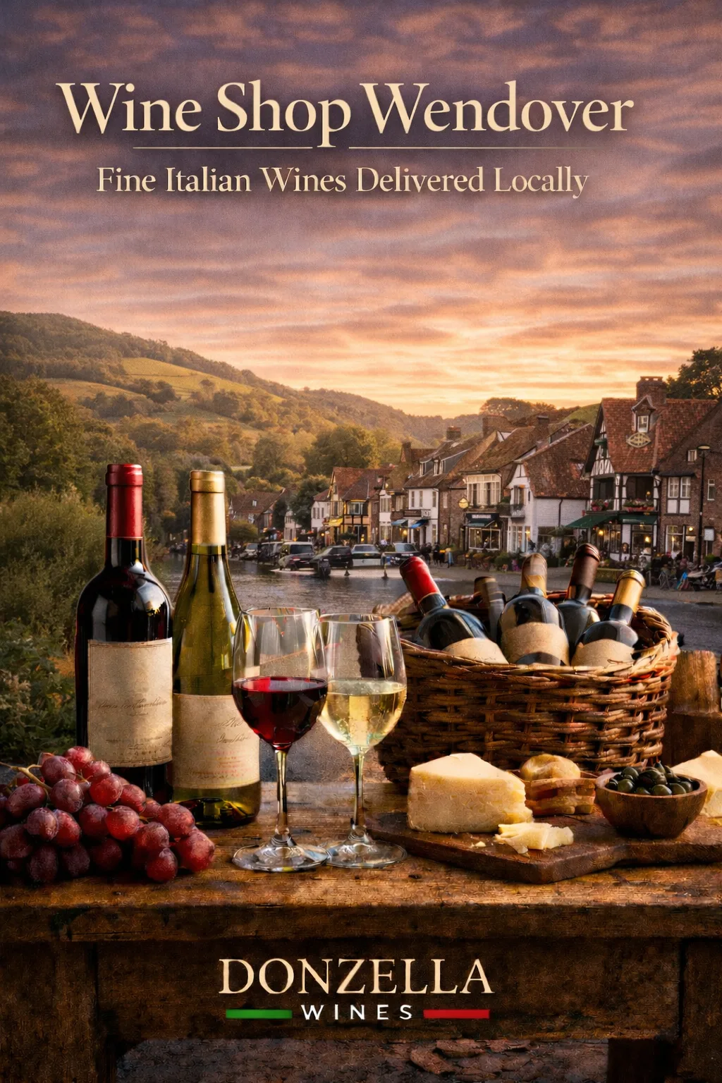 Wine bottles and glasses on a rustic table with Wendover High Street and Chiltern Hills in the background, promoting Donzella Wines delivery.