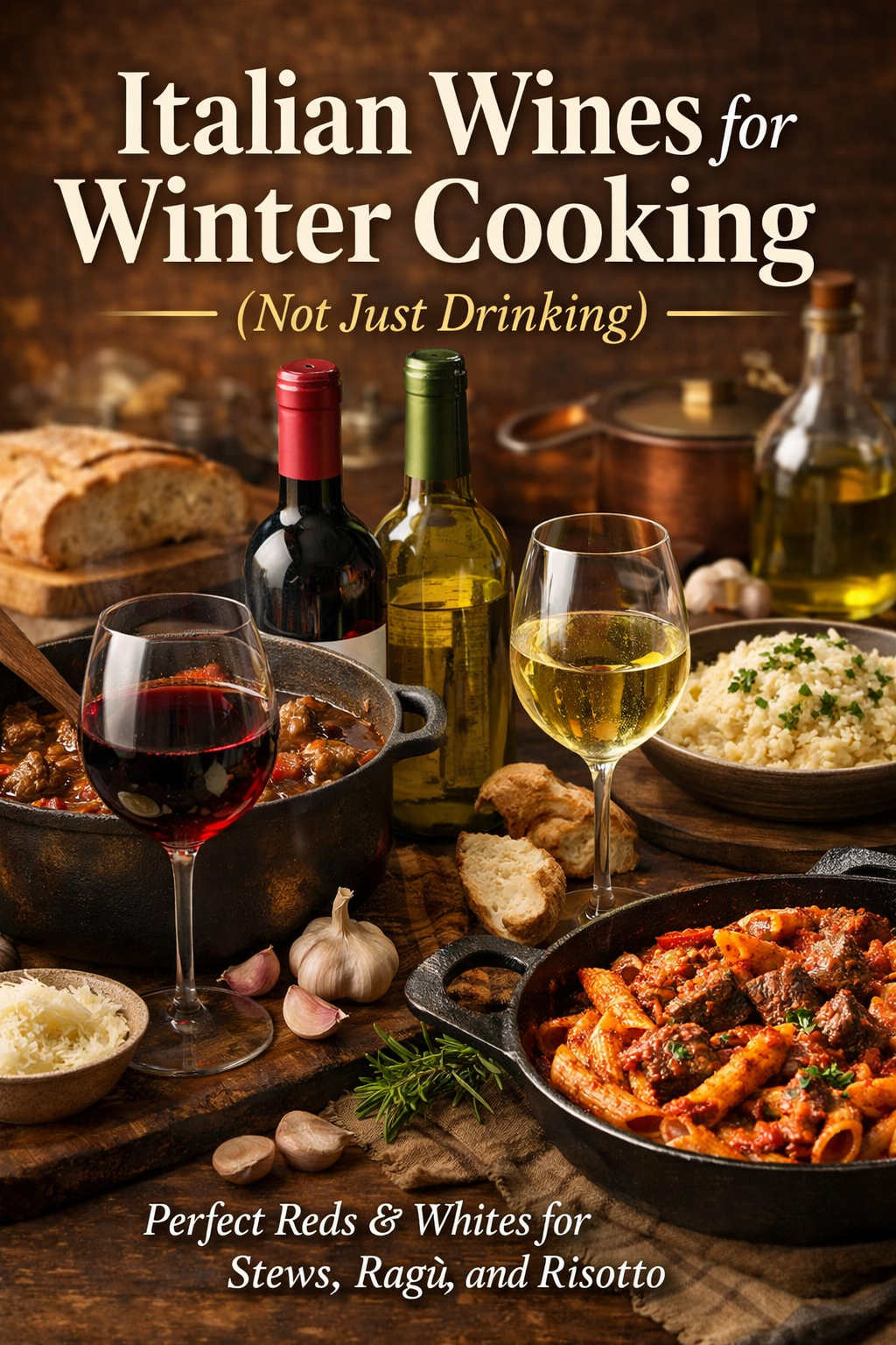Italian red and white wine used in winter cooking with beef stew, pasta ragù, risotto and rustic kitchen ingredients