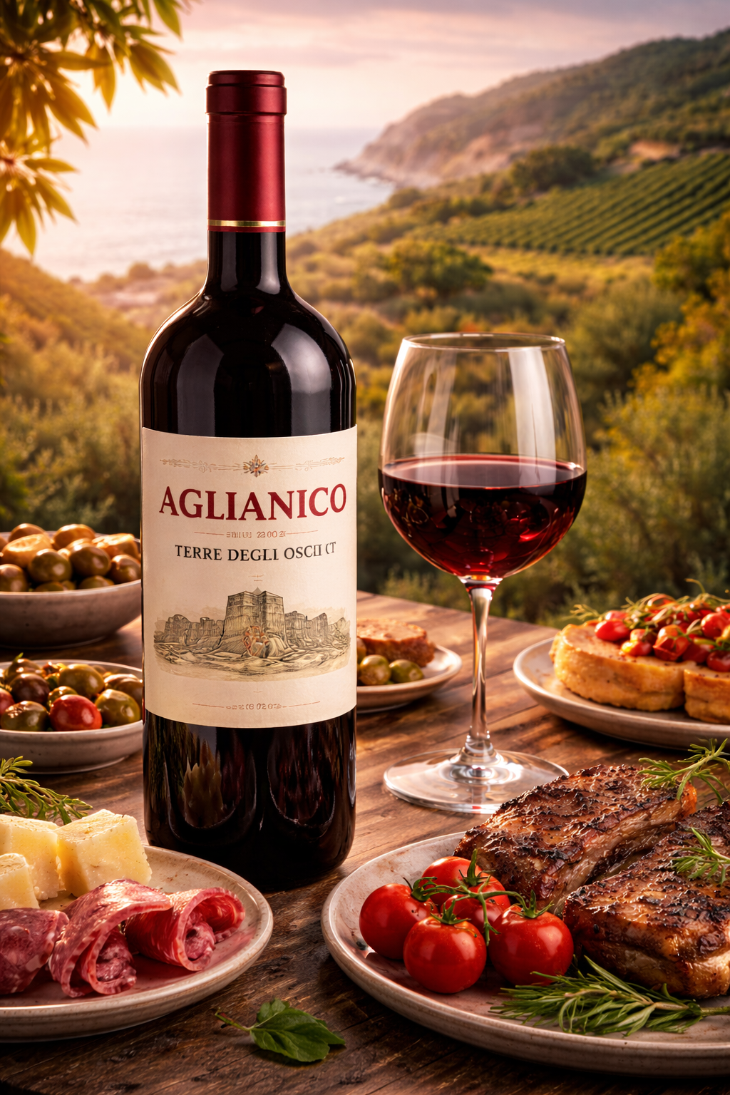 Aglianico red wine bottle with glass and Mediterranean food in vineyard setting