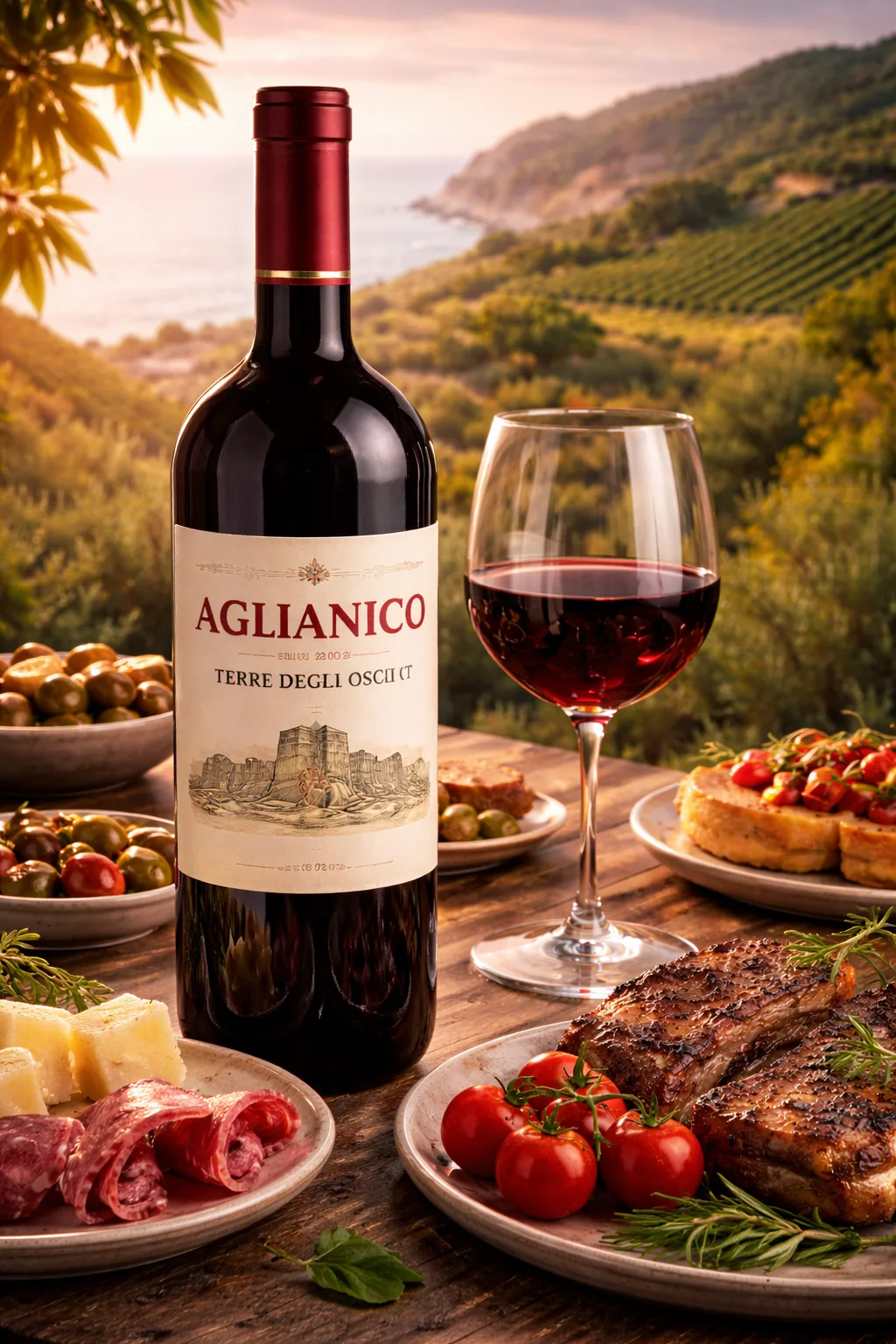 Aglianico red wine bottle with glass and Mediterranean food in vineyard setting